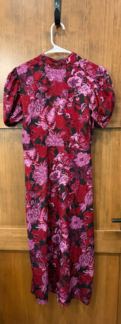NA-KD Women's Size 34 Red Pink Floral Puff Sleeve Mock Neck Midi Dress Euro 34